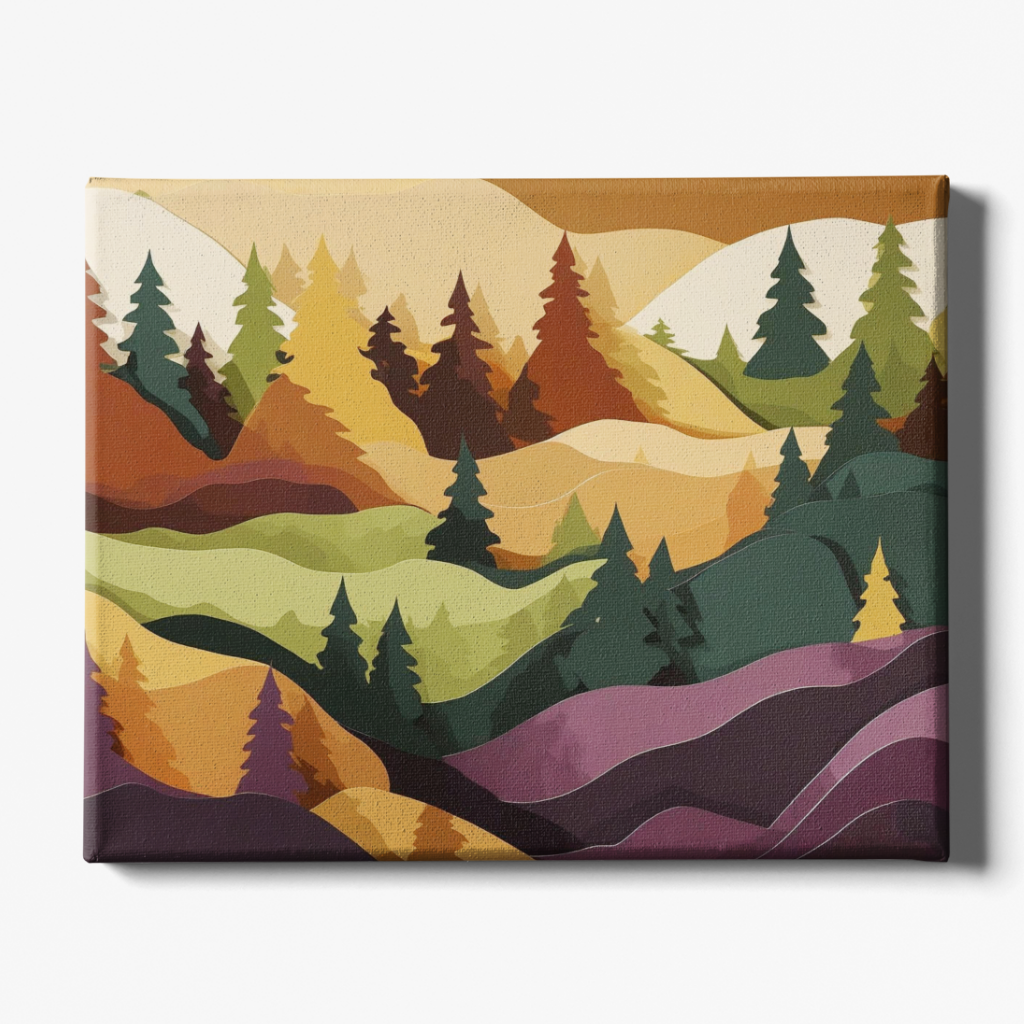 Canvas print of a colorful landscape with trees and mountains on a white background
