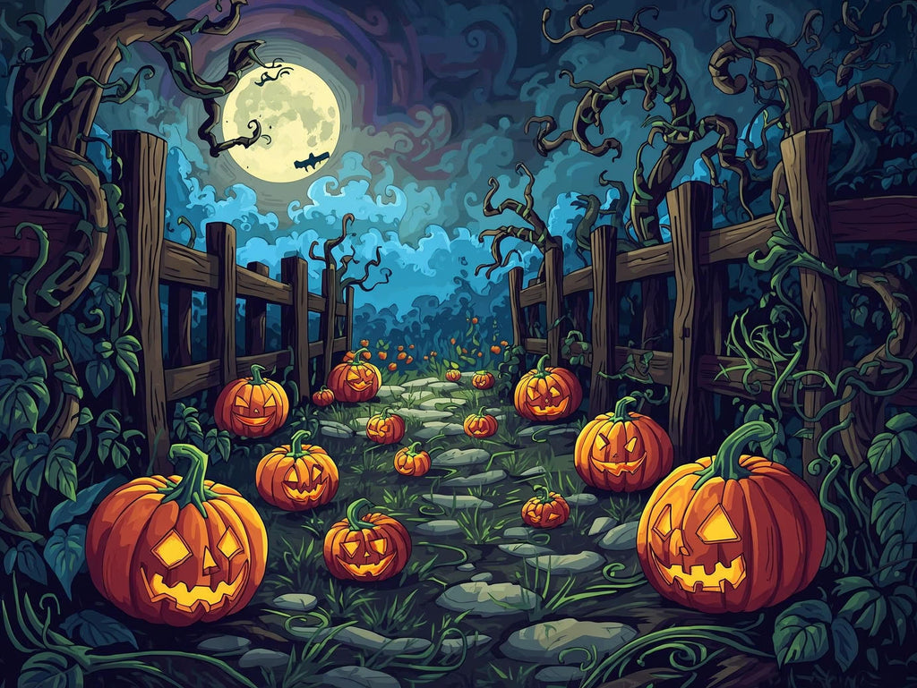 Halloween scene with carved pumpkins under a full moon.