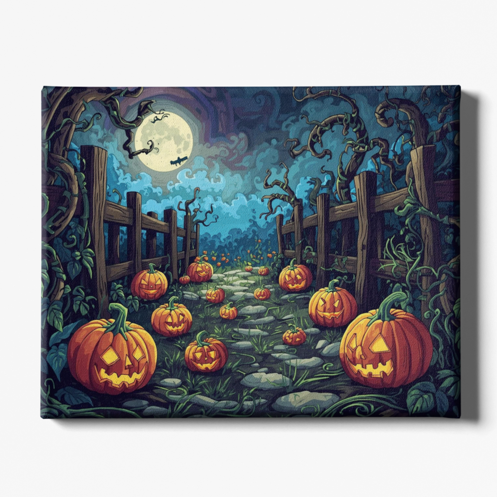 Halloween-themed painting with jack-o'-lanterns, pumpkins, and a full moon.