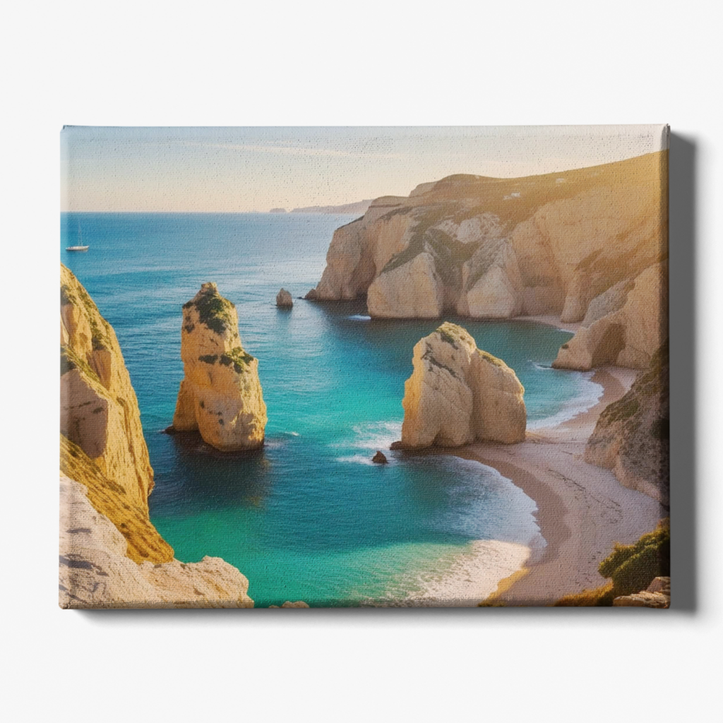 Canvas print of a coastal landscape with rocky formations and turquoise water.