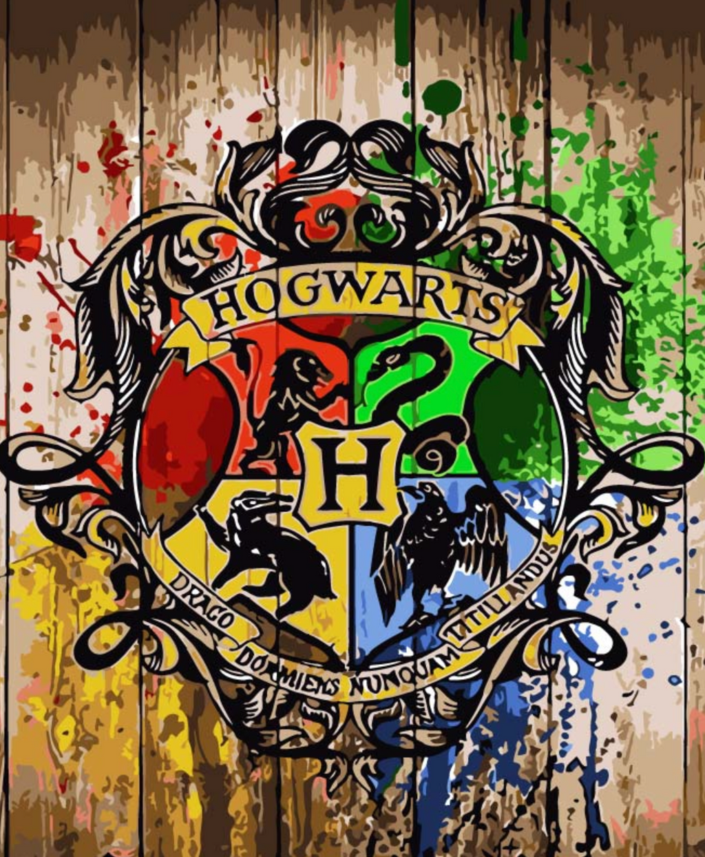 Hogwarts school crest with colorful splashes on a wooden background
