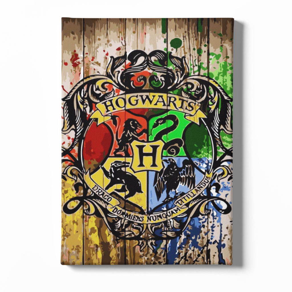 Hogwarts school crest on a wooden background with colorful splashes