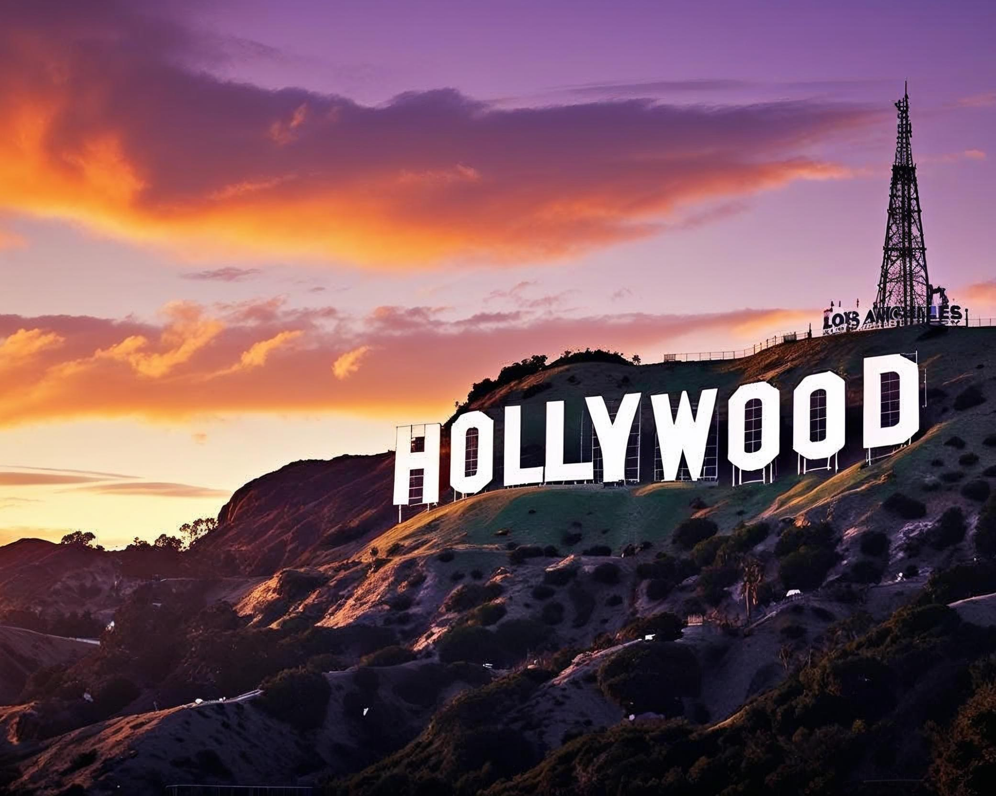 Hollywood sign with sunset sky and mountainous background