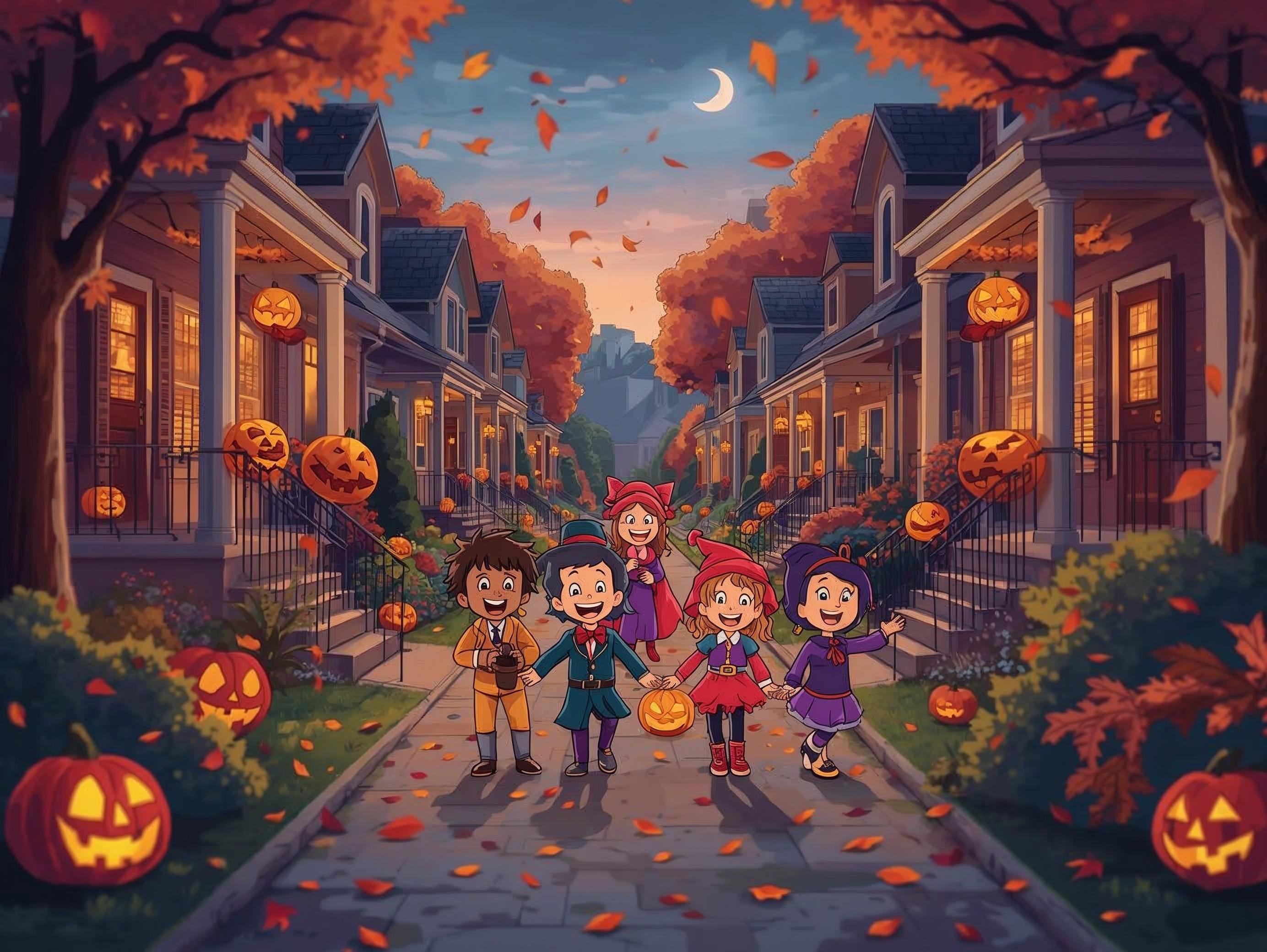 Children trick-or-treating in a Halloween-themed neighborhood with pumpkins and autumn leaves.