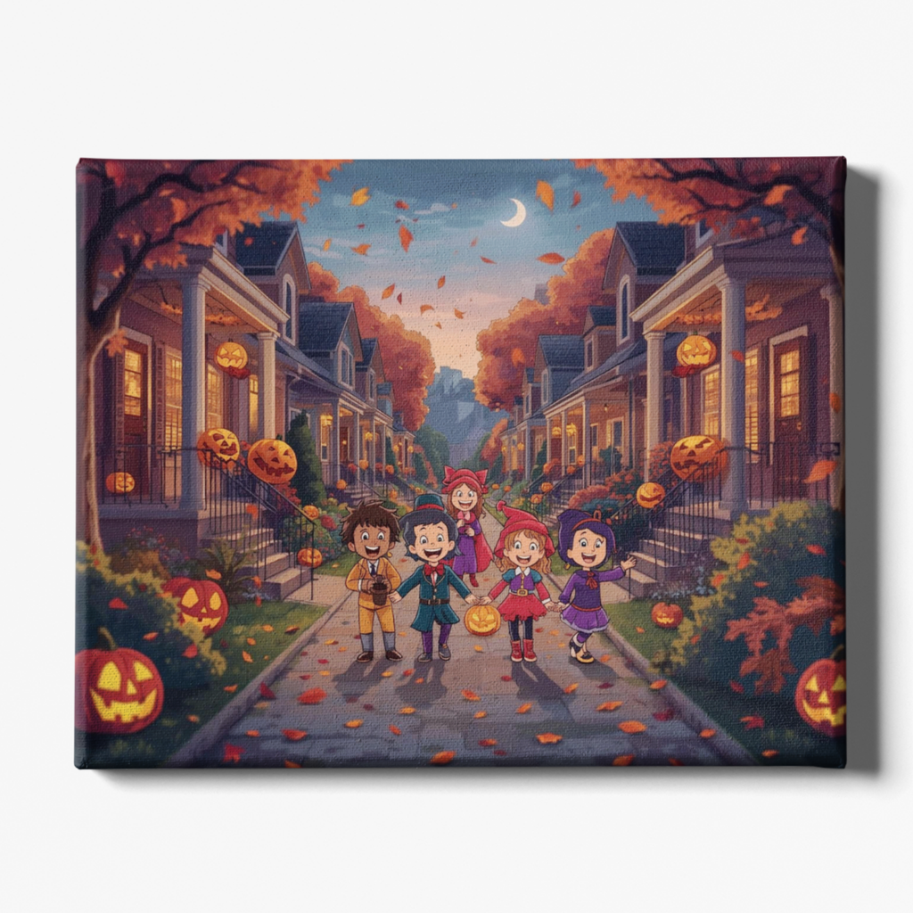 Halloween-themed painting of children trick-or-treating in a neighborhood with pumpkins and autumn leaves.