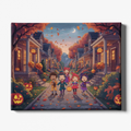 Halloween-themed painting of children trick-or-treating in a neighborhood with pumpkins and autumn leaves.