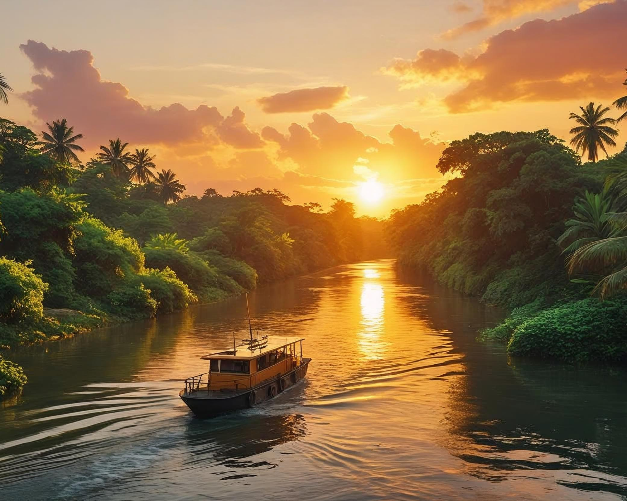 Boat on a river with a sunset and tropical trees