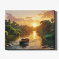Boat on a river with a sunset over a tropical forest