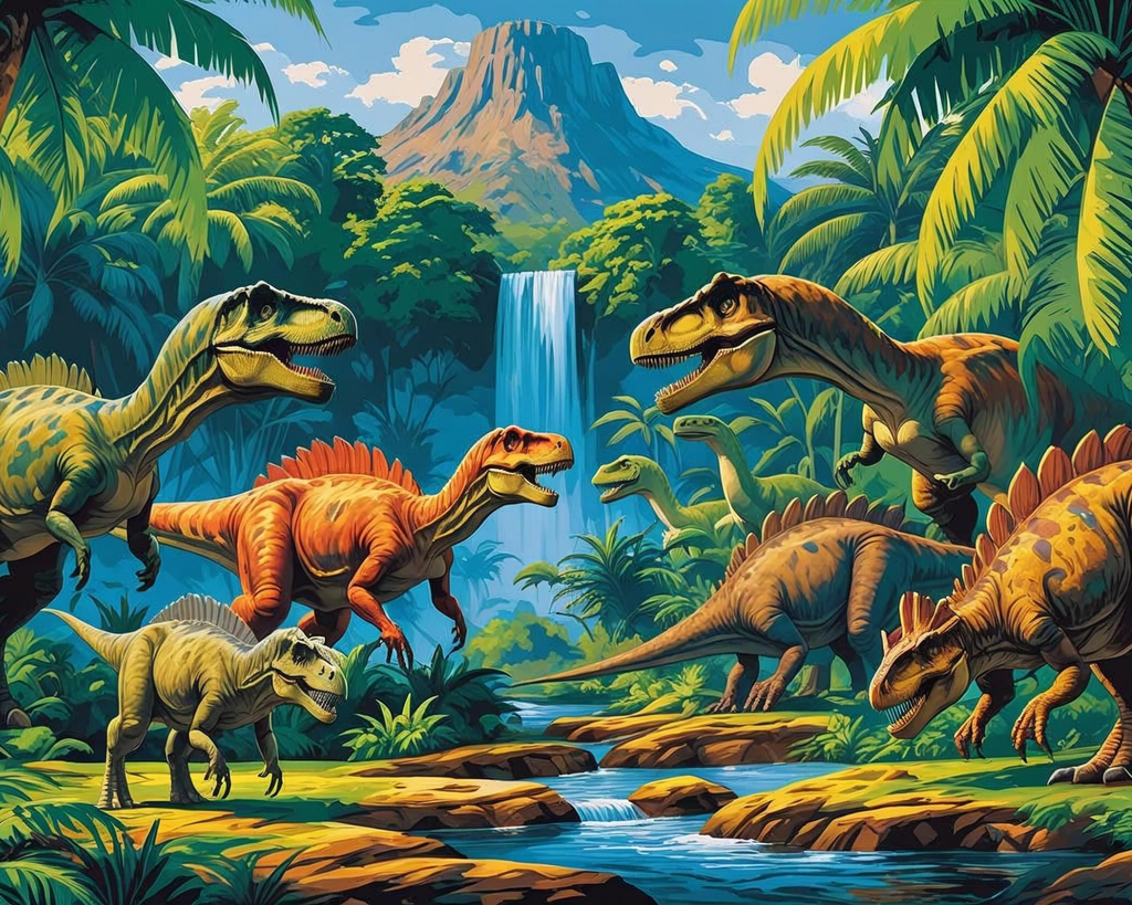 Colorful illustration of dinosaurs in a jungle with a waterfall.