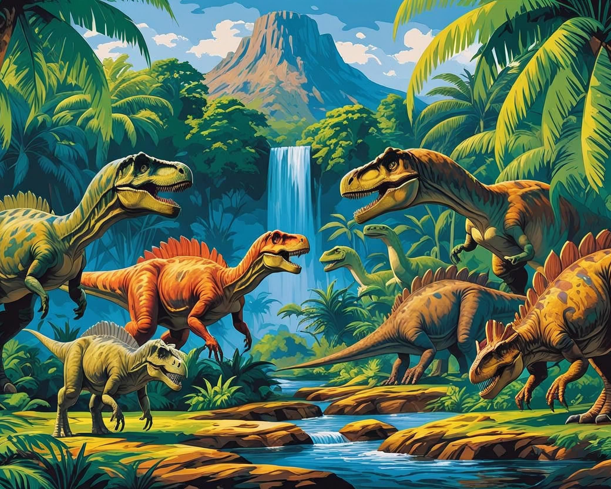 Colorful illustration of dinosaurs in a jungle with a waterfall.