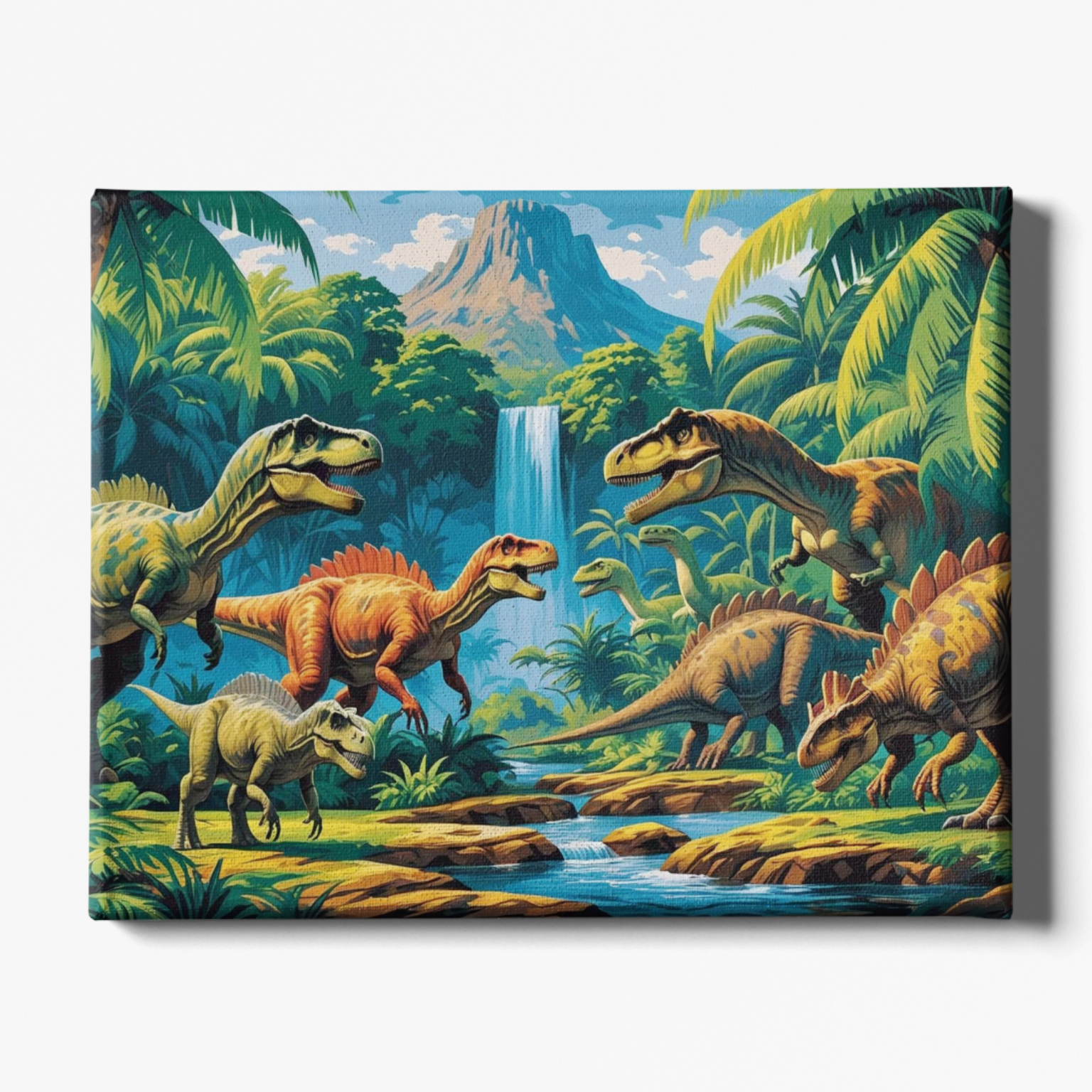 Canvas print of dinosaurs in a jungle with a waterfall