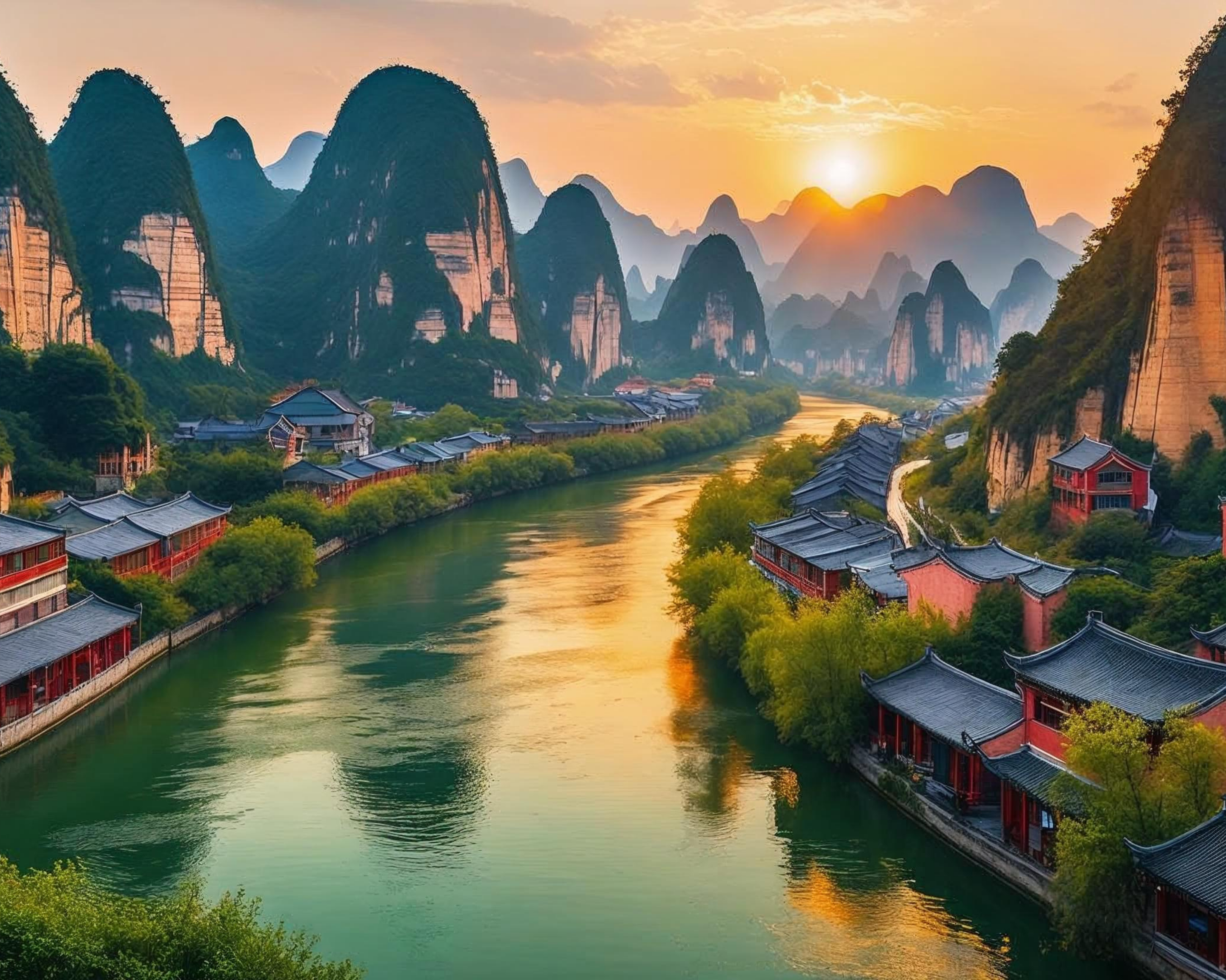 Scenic view of a river with traditional buildings and karst mountains at sunset.