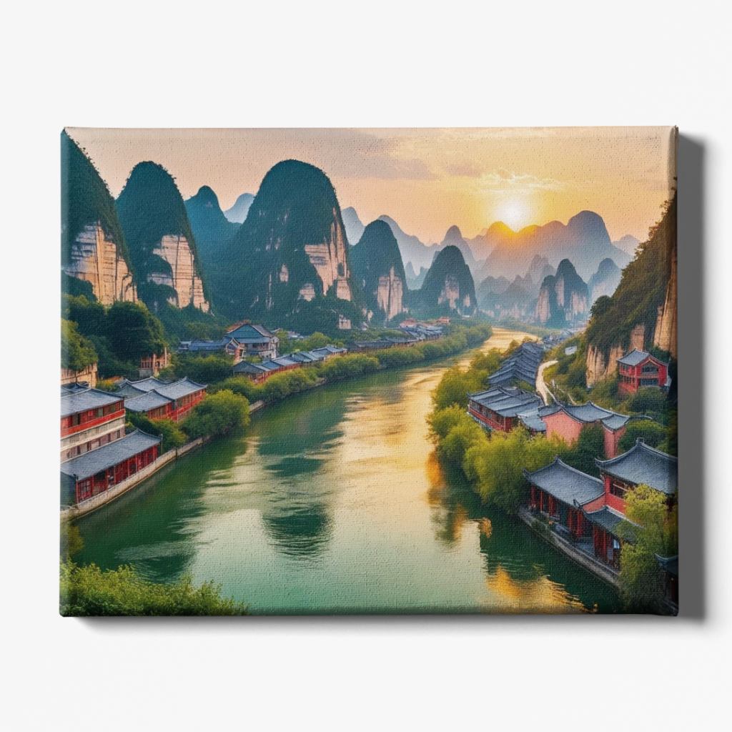 Scenic landscape with mountains, river, and traditional buildings at sunset.