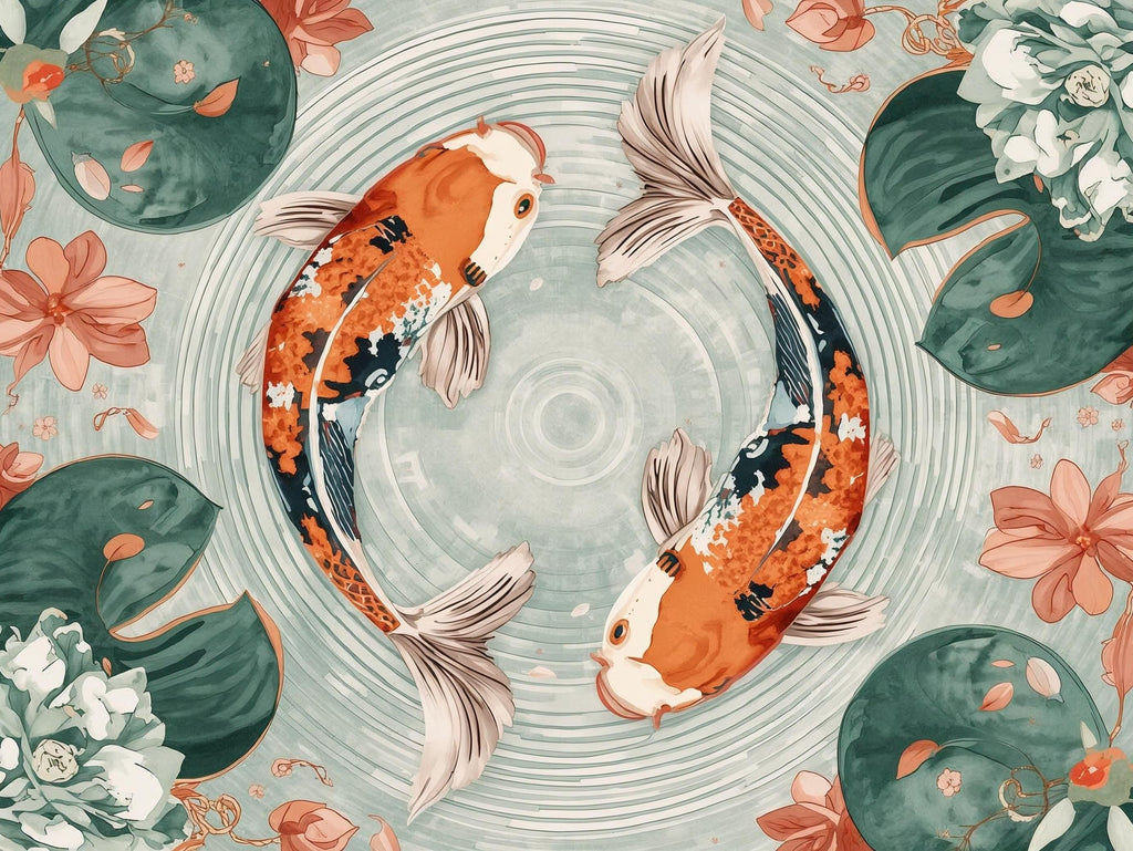 Two koi fish surrounded by floral and leaf patterns on a circular design.