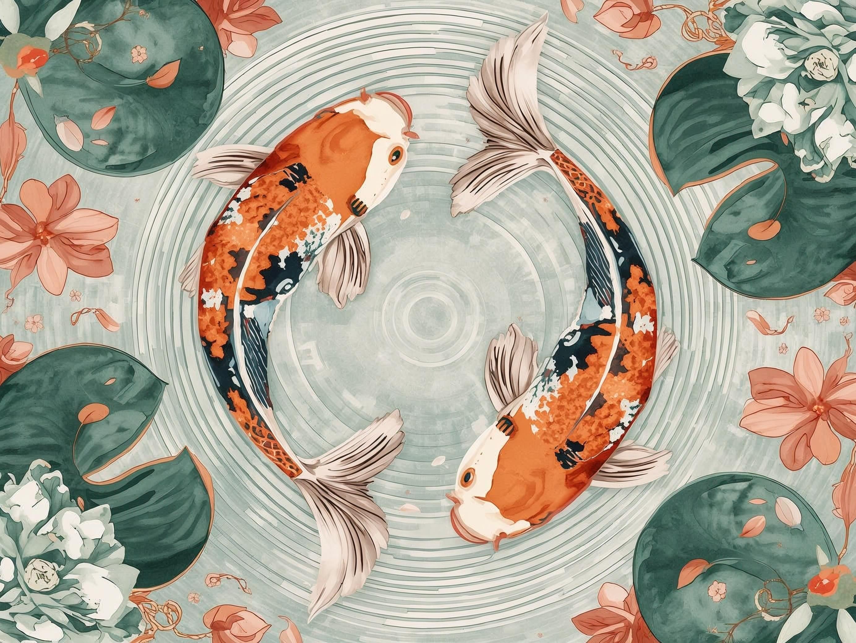 Two koi fish surrounded by floral and leaf patterns on a circular design.