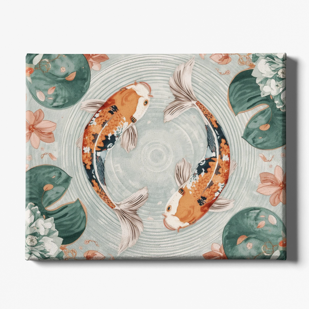Canvas print with koi fish and floral design on a light blue background