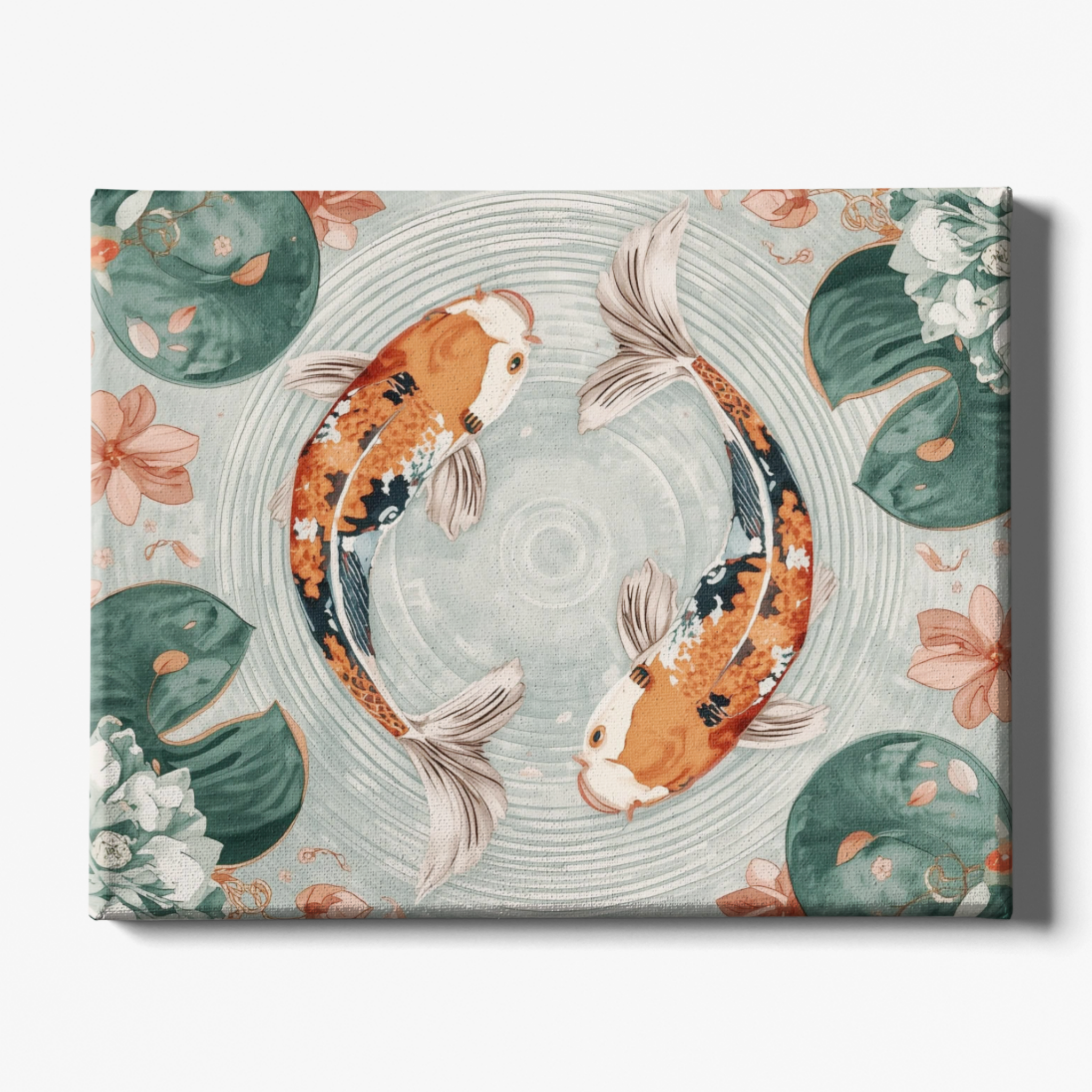 Canvas print with koi fish and floral design on a light blue background