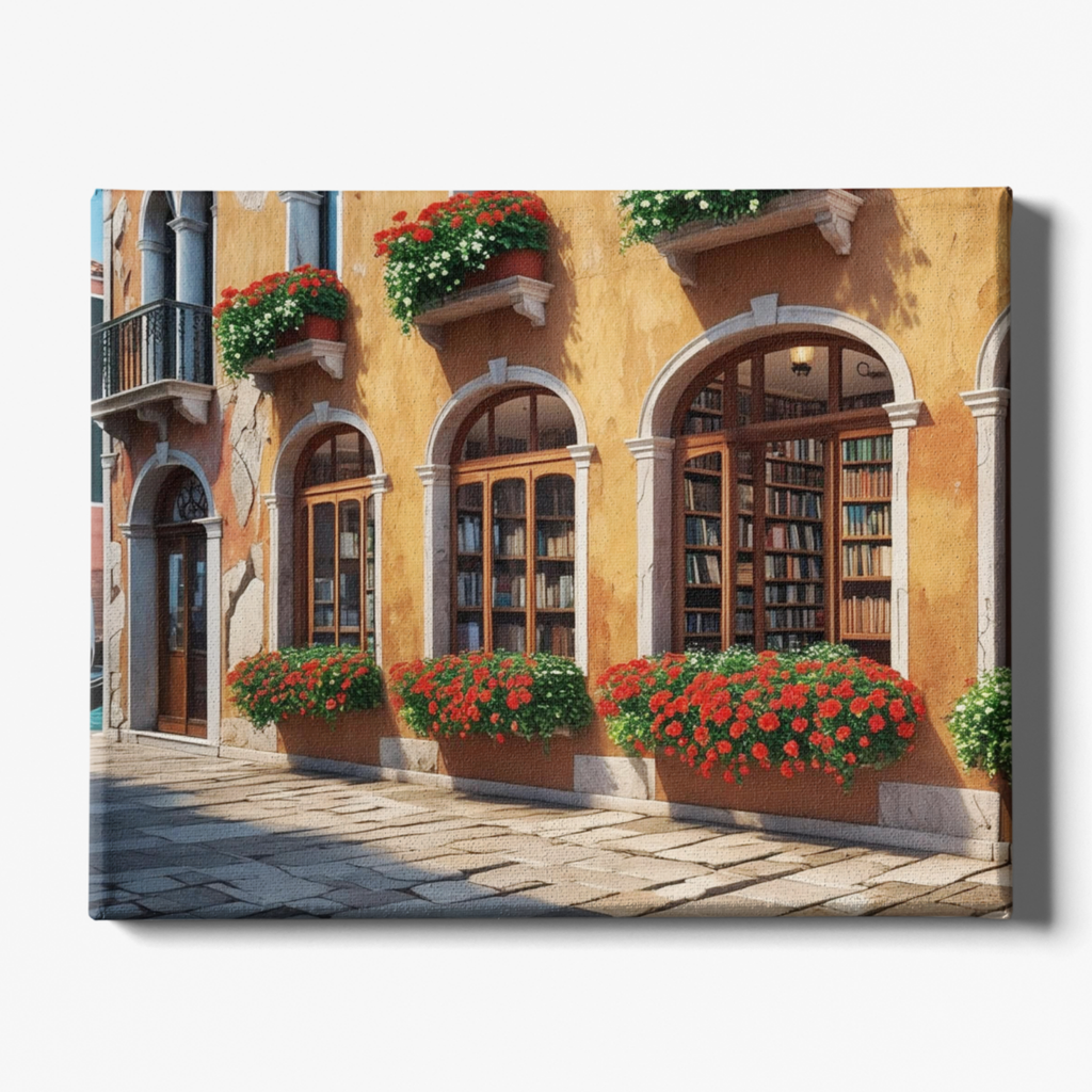 Painting of a street scene with a building facade, bookshelves, and flower boxes.