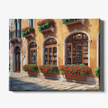 Painting of a street scene with a building facade, bookshelves, and flower boxes.