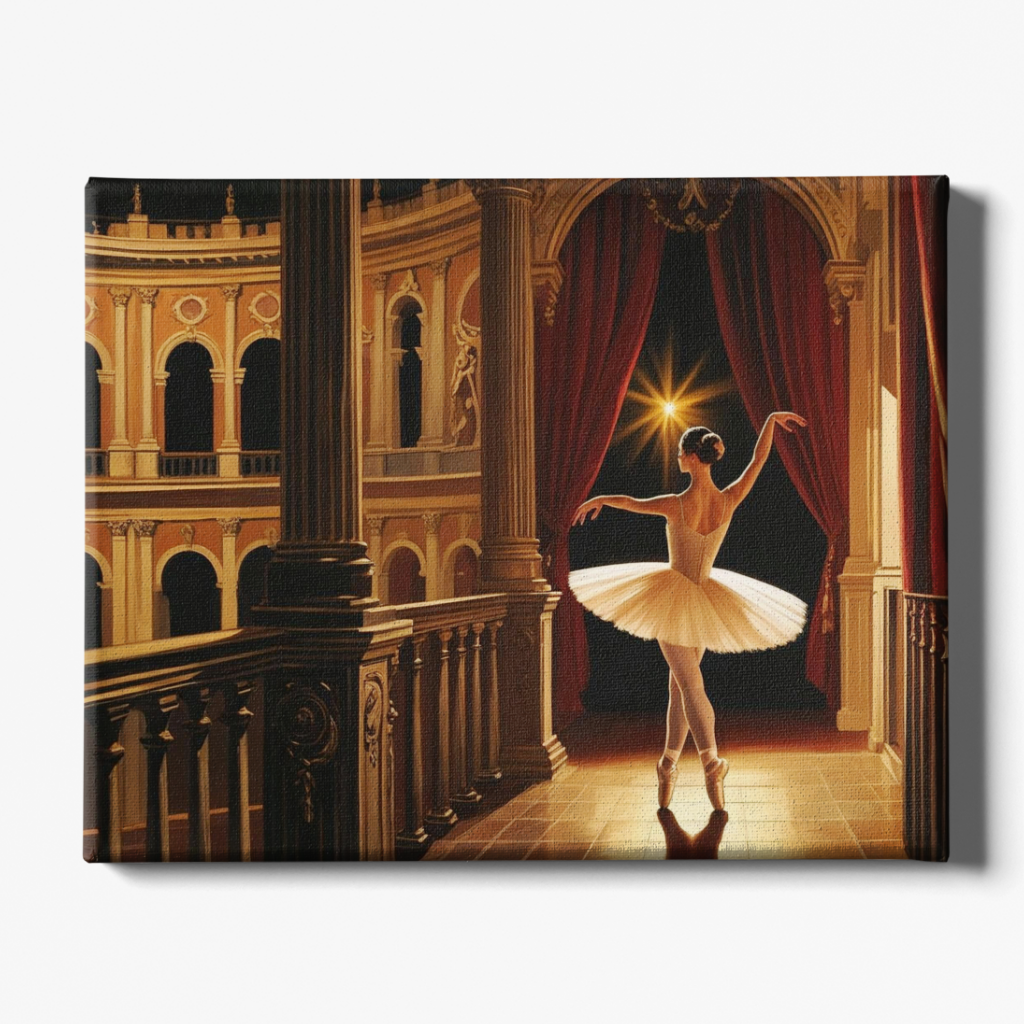 Ballerina in a tutu standing in a grand theater with red curtains and a spotlight.
