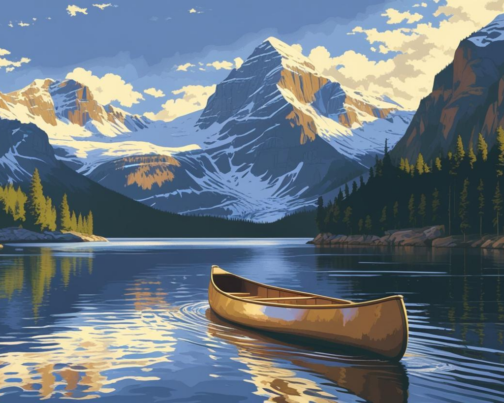 Canoe on a calm lake with mountains in the background