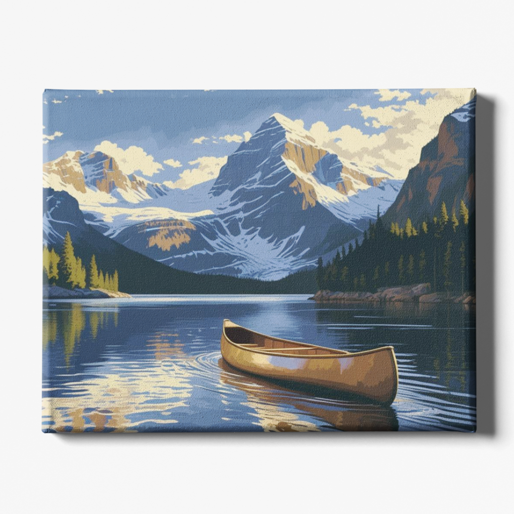 Canvas print of a mountain landscape with a canoe on a lake