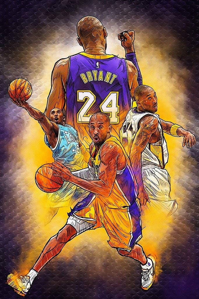 Artistic depiction of a basketball player in various poses with a prominent number 24 on a dark background.