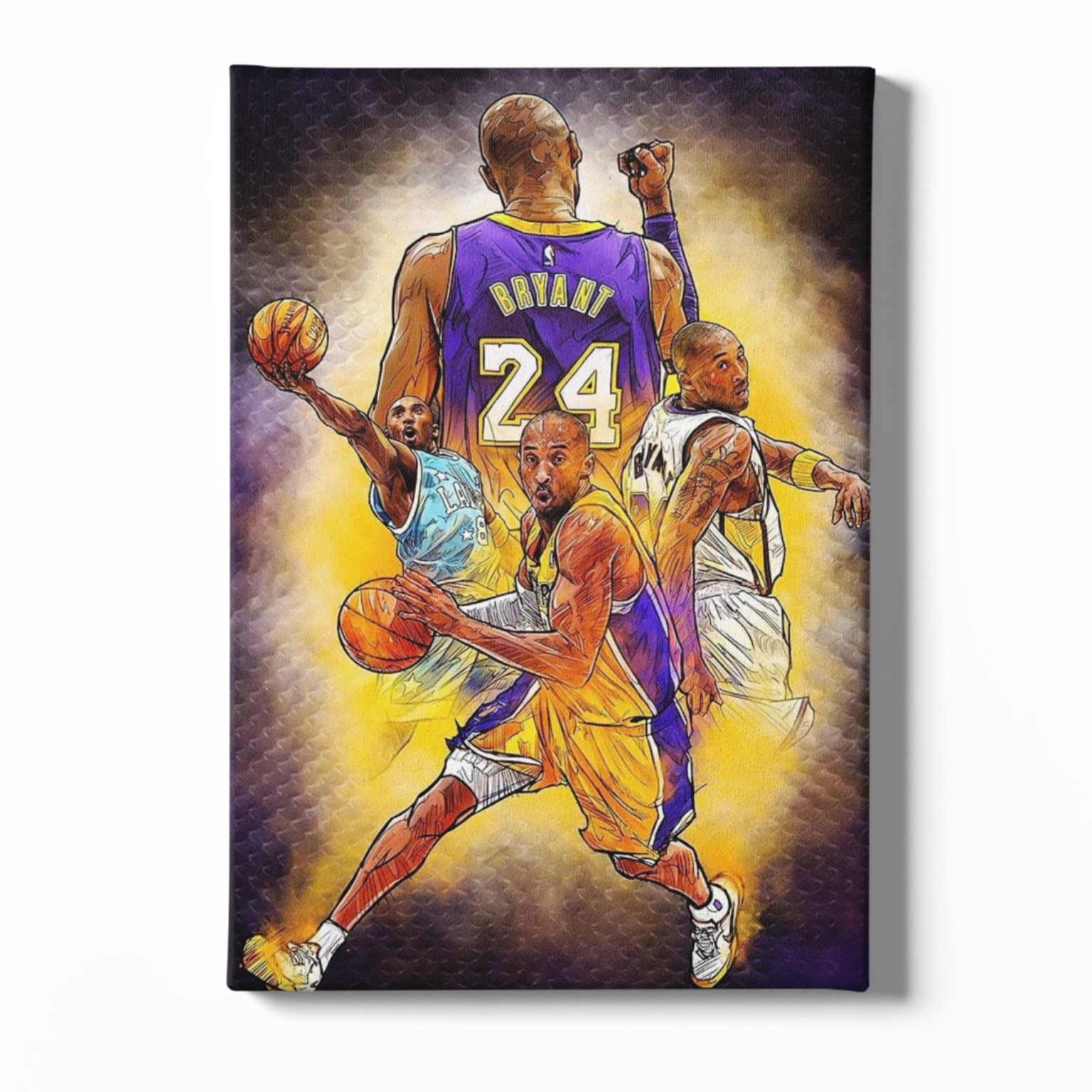 Canvas print of a basketball player in a purple jersey with the number 24, surrounded by other players on a yellow and brown gradient background.