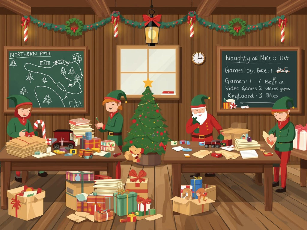 Illustration of Santa Claus and elves in a workshop with Christmas decorations and presents.