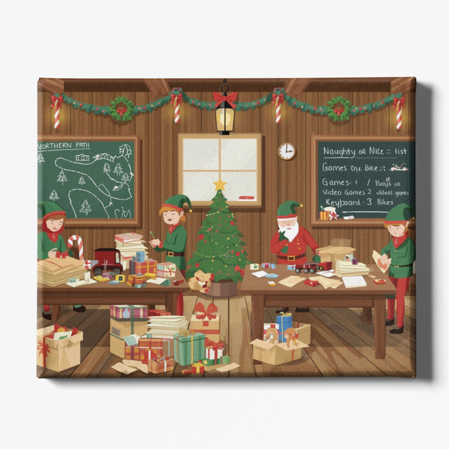 Illustration of Santa Claus and elves in a workshop with Christmas decorations.