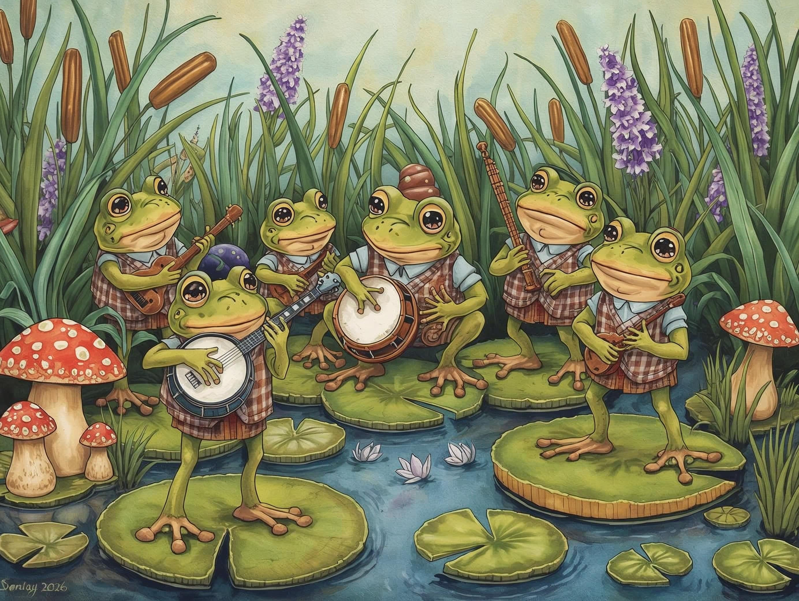 Illustration of frogs playing musical instruments in a pond setting with lily pads and mushrooms.