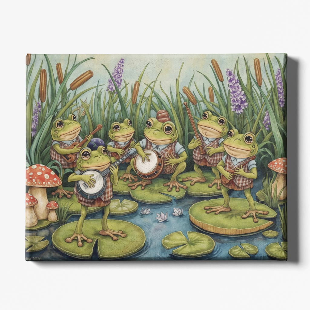 Canvas print of frogs playing instruments on lily pads with grass and flowers in the background.