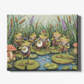 Canvas print of frogs playing instruments on lily pads with grass and flowers in the background.