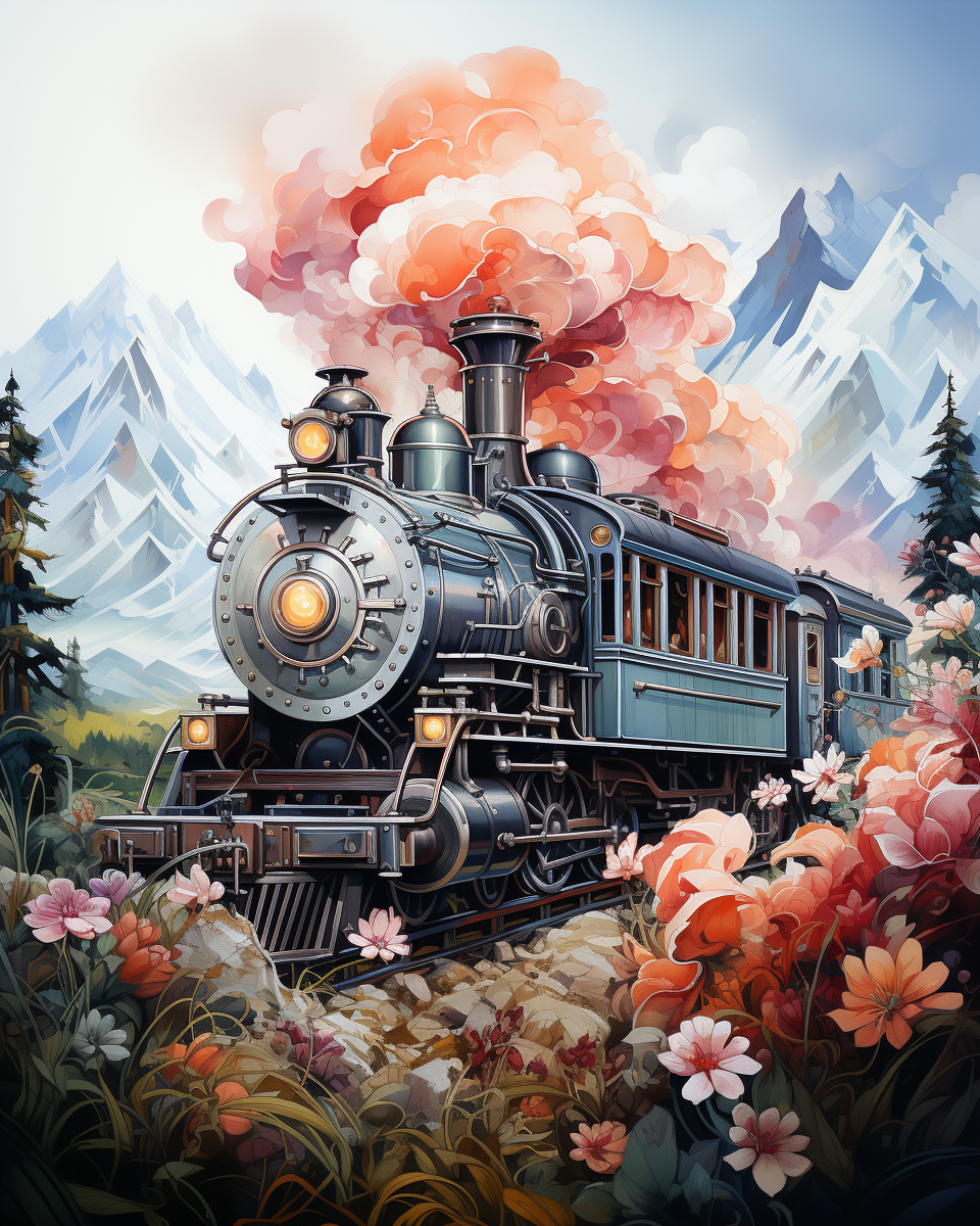 Vintage steam train on a mountain track with colorful smoke and flowers