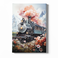 Canvas print of a steam locomotive with floral and mountain background