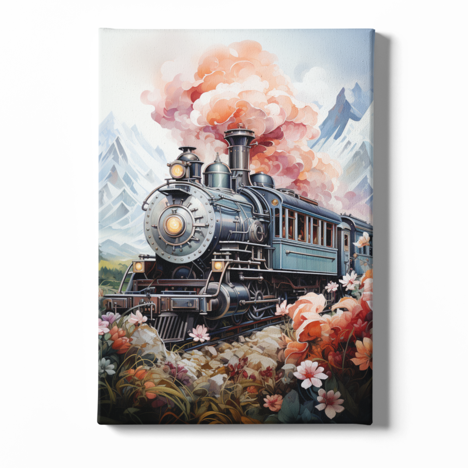 Canvas print of a steam locomotive with floral and mountain background