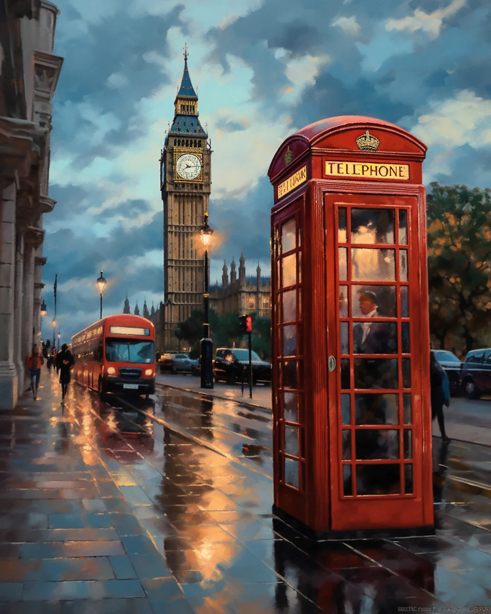Red telephone booth and Big Ben in London with a wet street reflecting the scene.