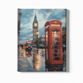 Canvas print of a London scene with Big Ben, a red phone box, and a bus on a wet street.