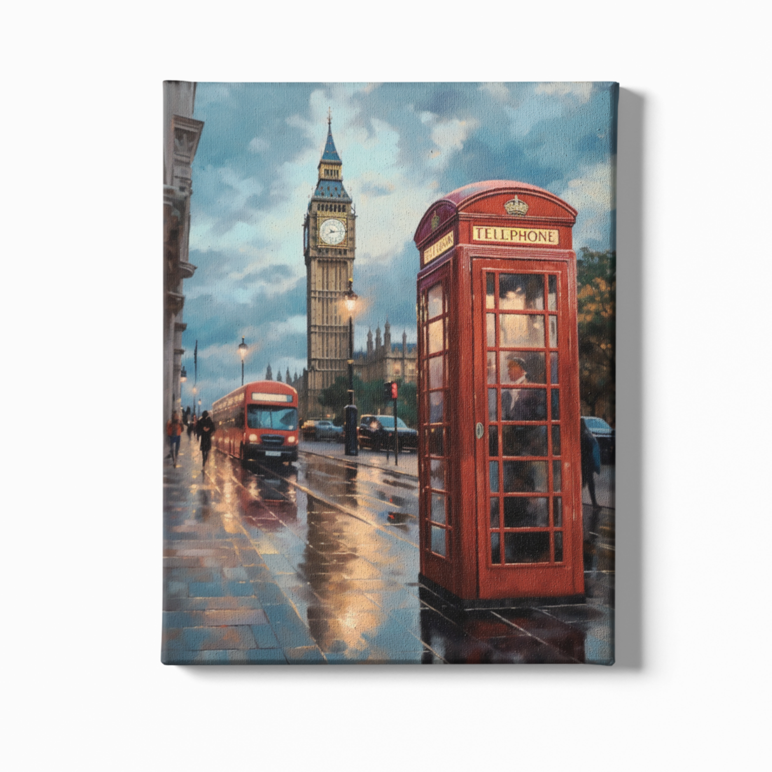 Canvas print of a London scene with Big Ben, a red phone box, and a bus on a wet street.