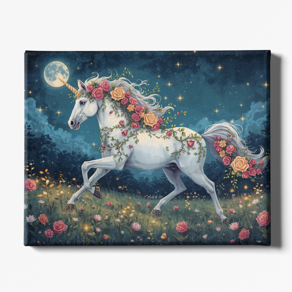 Unicorn with floral decorations against a night sky with stars and moon