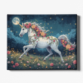 Unicorn with floral decorations against a night sky with stars and moon