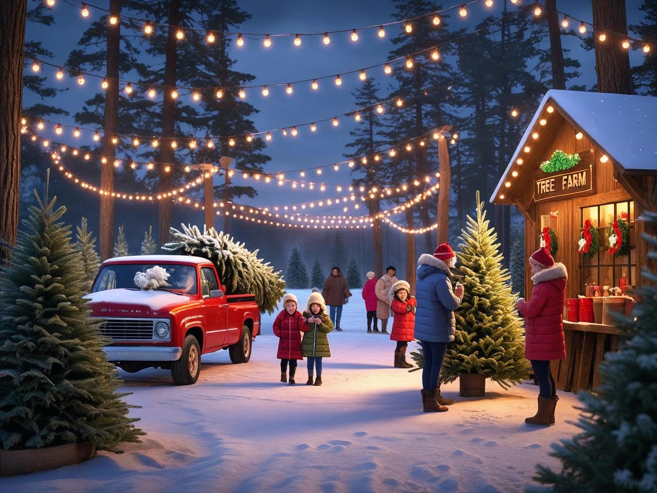 Christmas scene with a red truck carrying a tree, people in winter clothing, and a tree farm stand decorated with lights and wreaths.