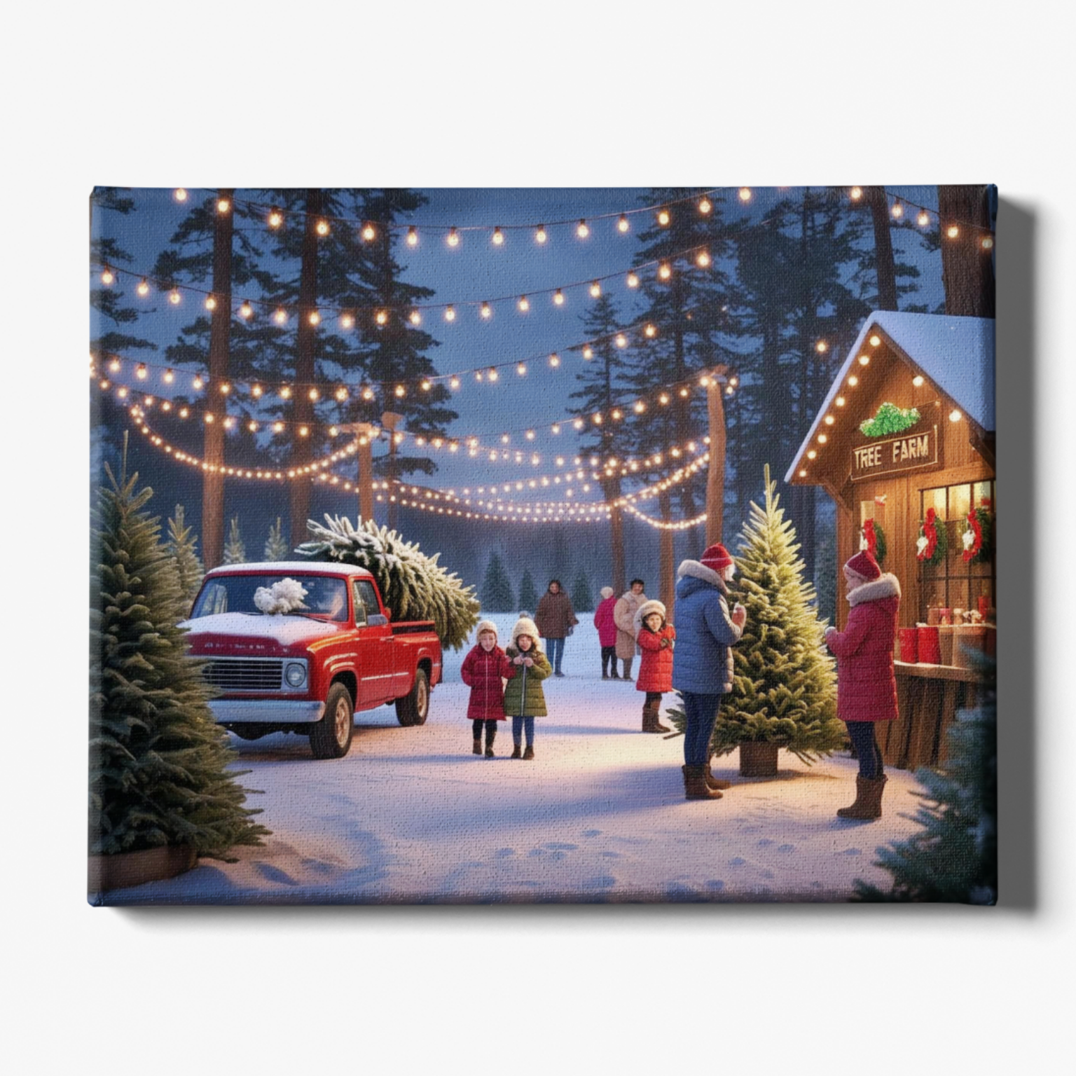 Winter scene with a red truck carrying a Christmas tree, people in winter clothing, and a tree farm building with lights.