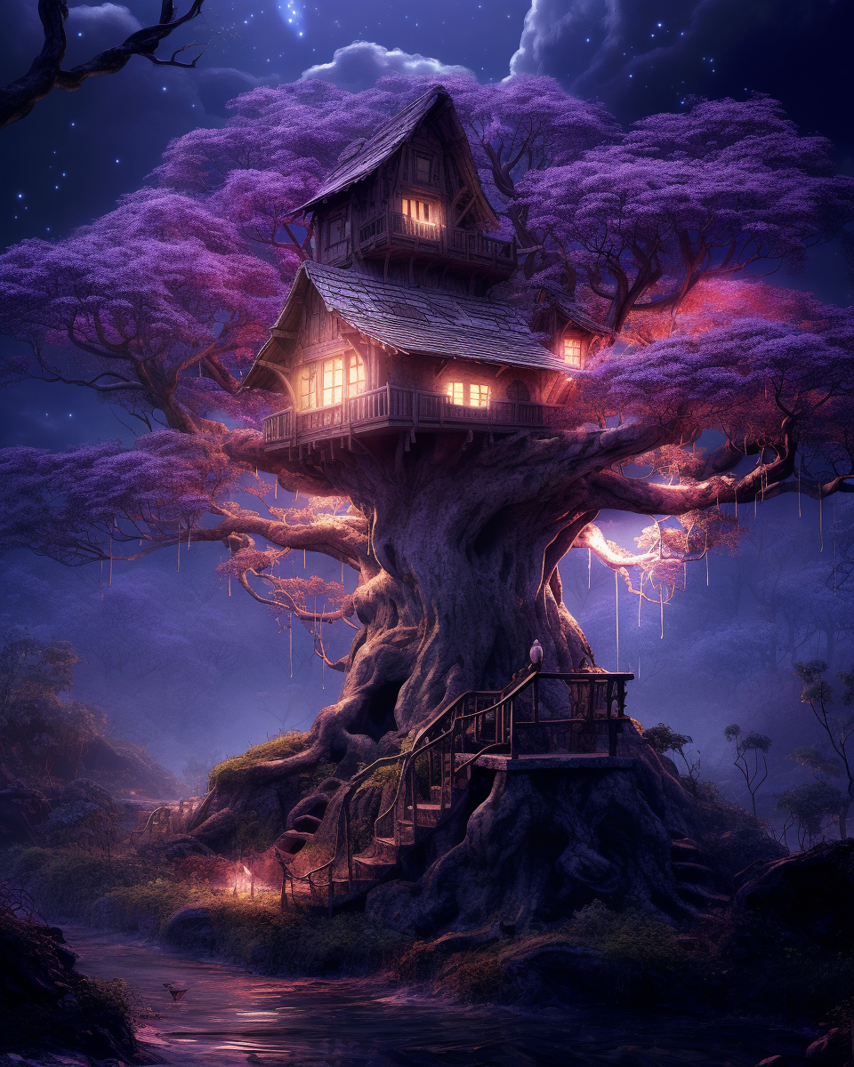 Fantasy treehouse with glowing lights in a mystical forest at night.