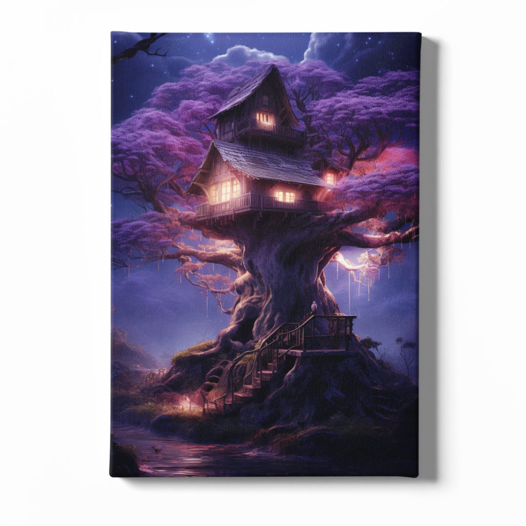 Fantasy treehouse painting with glowing lights against a purple sky