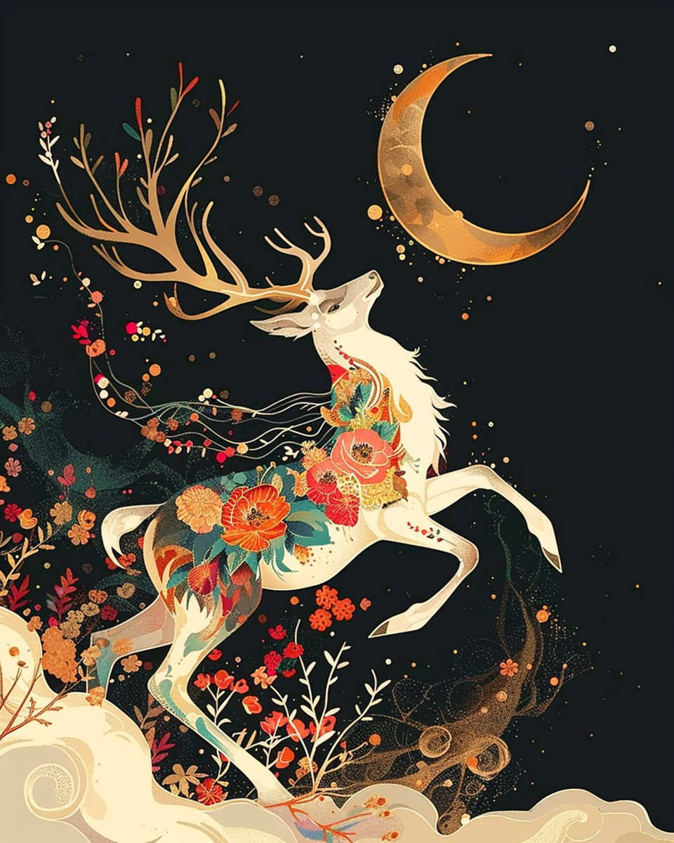 Decorative illustration of a deer with floral patterns against a dark background with a crescent moon.