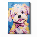 Colorful painting of a dog with a bow tie on a blue background