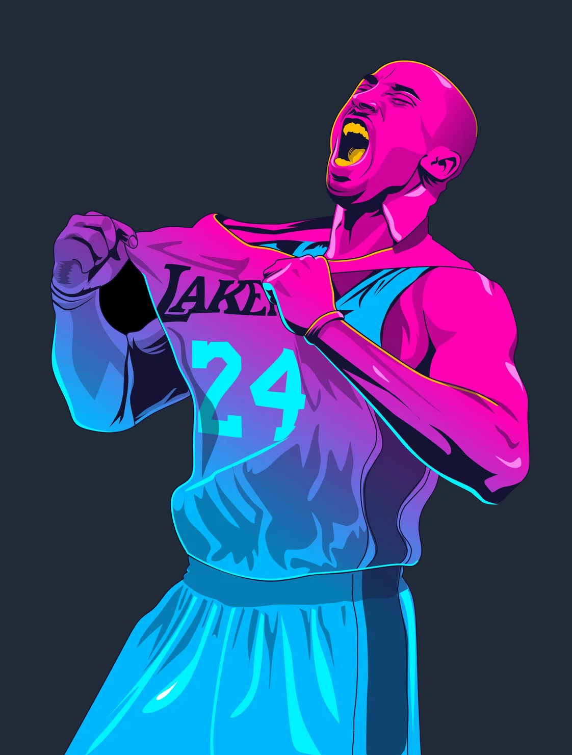 Colorful illustration of a basketball player wearing a Lakers jersey with the number 24.