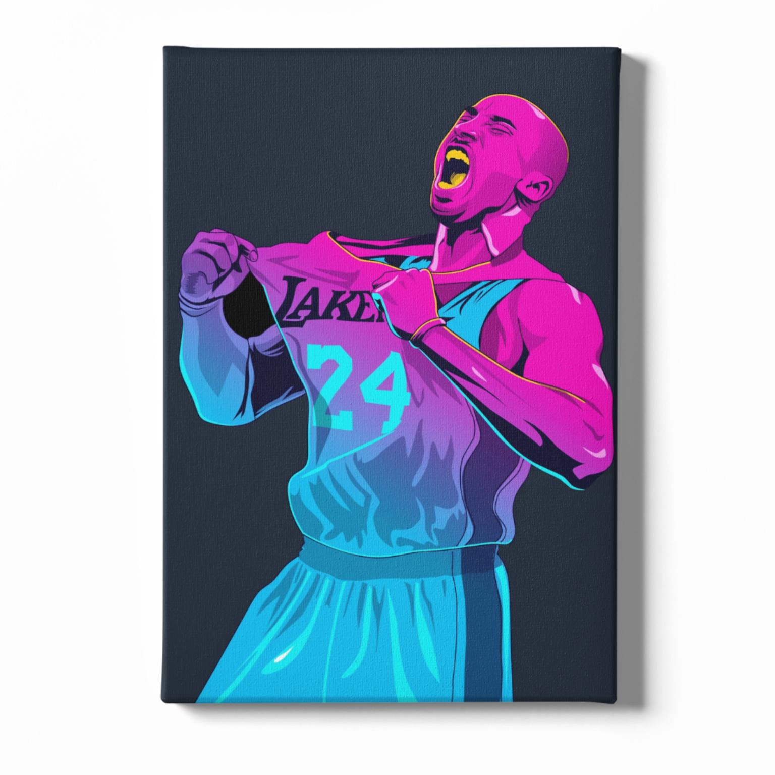 Canvas print of a stylized figure holding a jersey with 'Lakers' and number '24' on a dark background