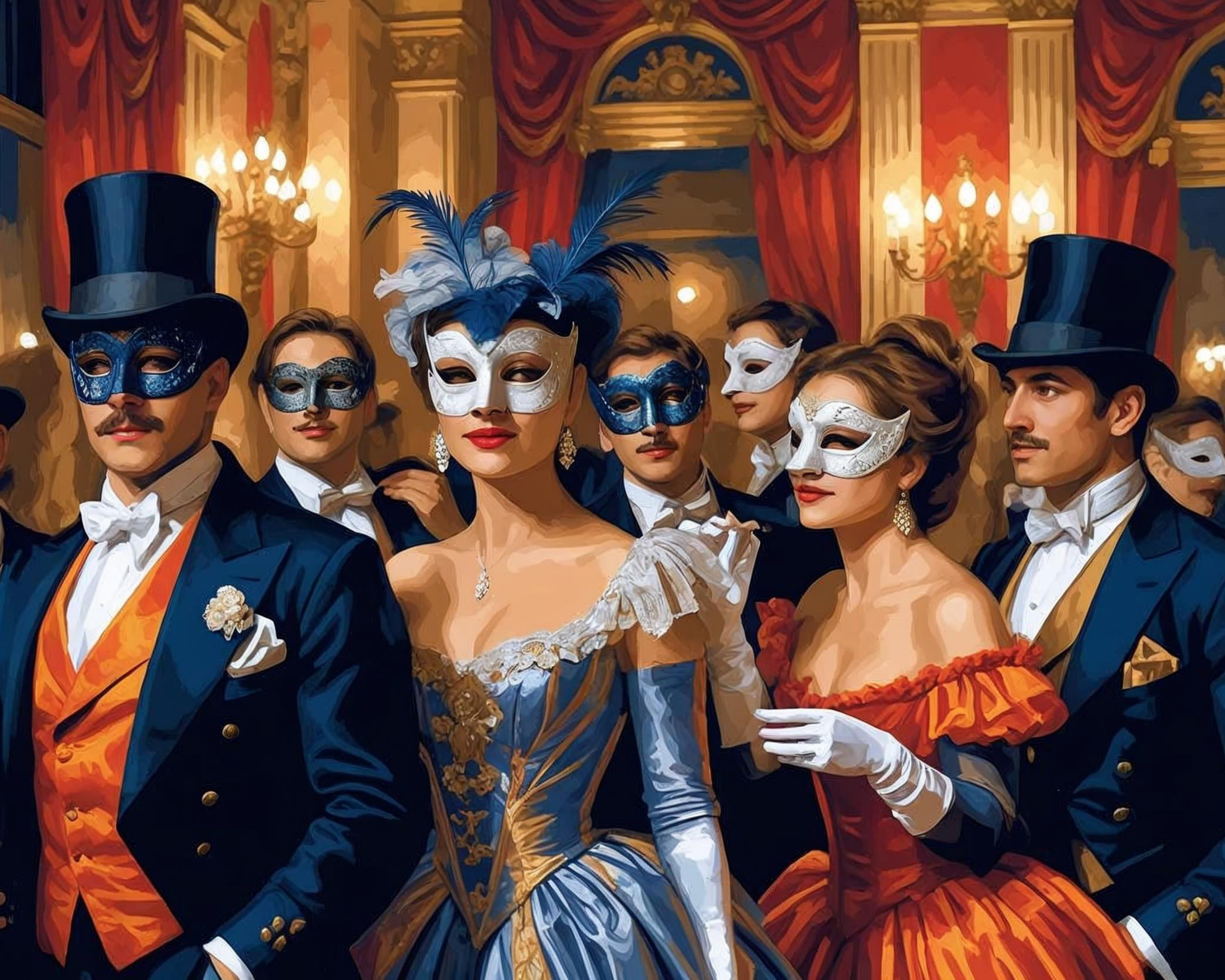 People in formal attire with masks in a grand hall